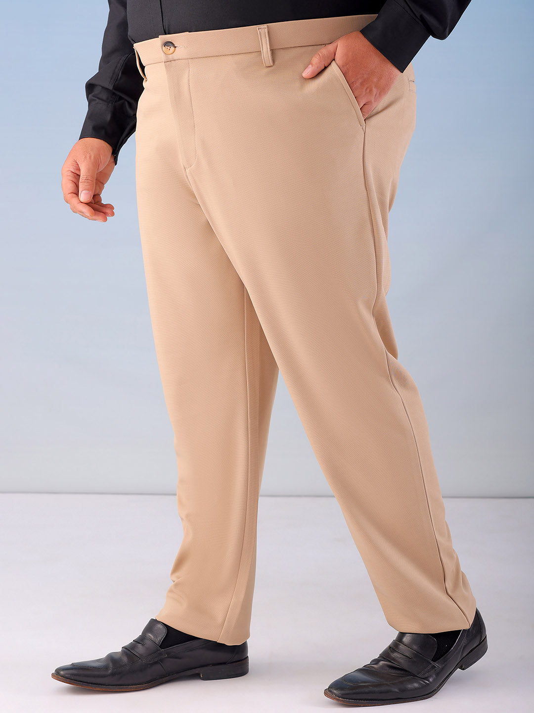 Shop Men's Khaki Regular Fit Self Design Plus Size Chinos Online.