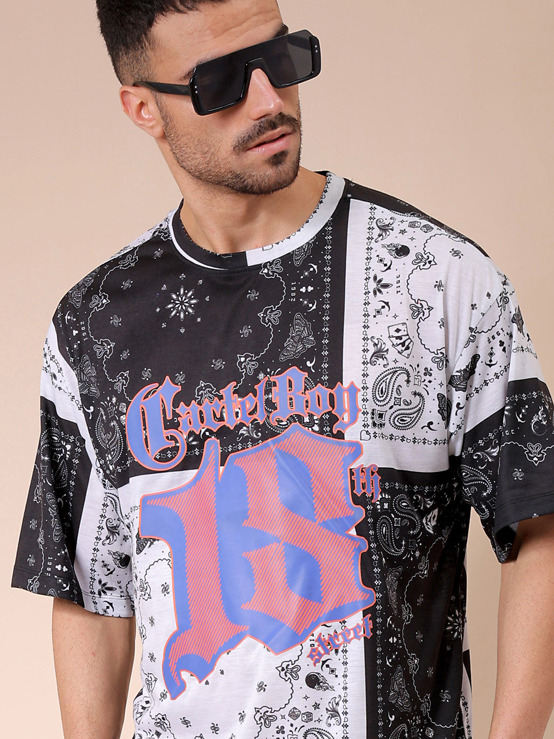 Men's White Oversized Paisley Printed Round Neck T-shirt