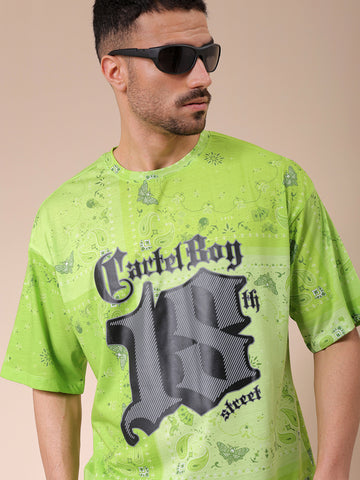 Men's Green Oversized Paisley Printed Round Neck T-shirt