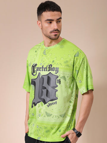 Men's Green Oversized Paisley Printed Round Neck T-shirt
