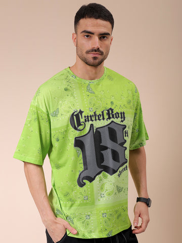 Men's Green Oversized Paisley Printed Round Neck T-shirt