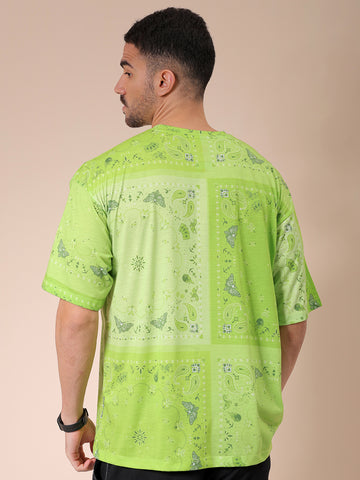 Men's Green Oversized Paisley Printed Round Neck T-shirt