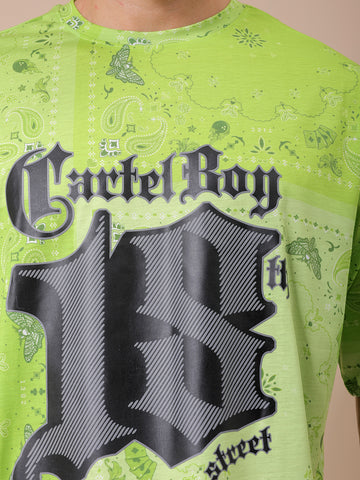 Men's Green Oversized Paisley Printed Round Neck T-shirt