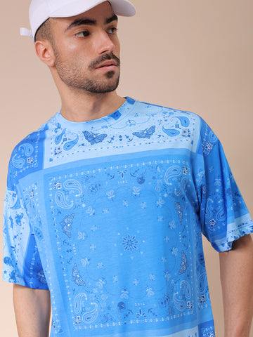 Men's Blue Oversized Paisley Printed Round Neck T-shirt
