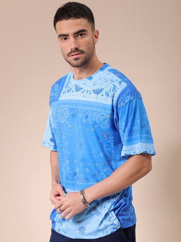 Men's Blue Oversized Paisley Printed Round Neck T-shirt