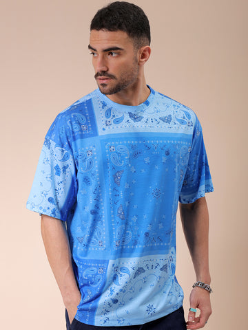 Men's Blue Oversized Paisley Printed Round Neck T-shirt