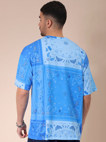 Men's Blue Oversized Paisley Printed Round Neck T-shirt
