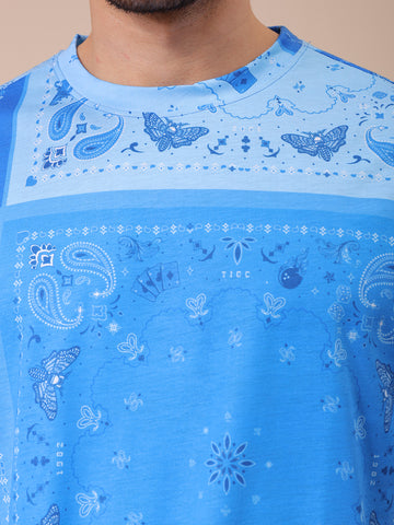 Men's Blue Oversized Paisley Printed Round Neck T-shirt