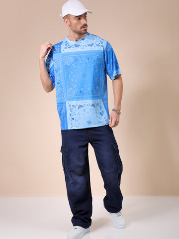 Men's Blue Oversized Paisley Printed Round Neck T-shirt