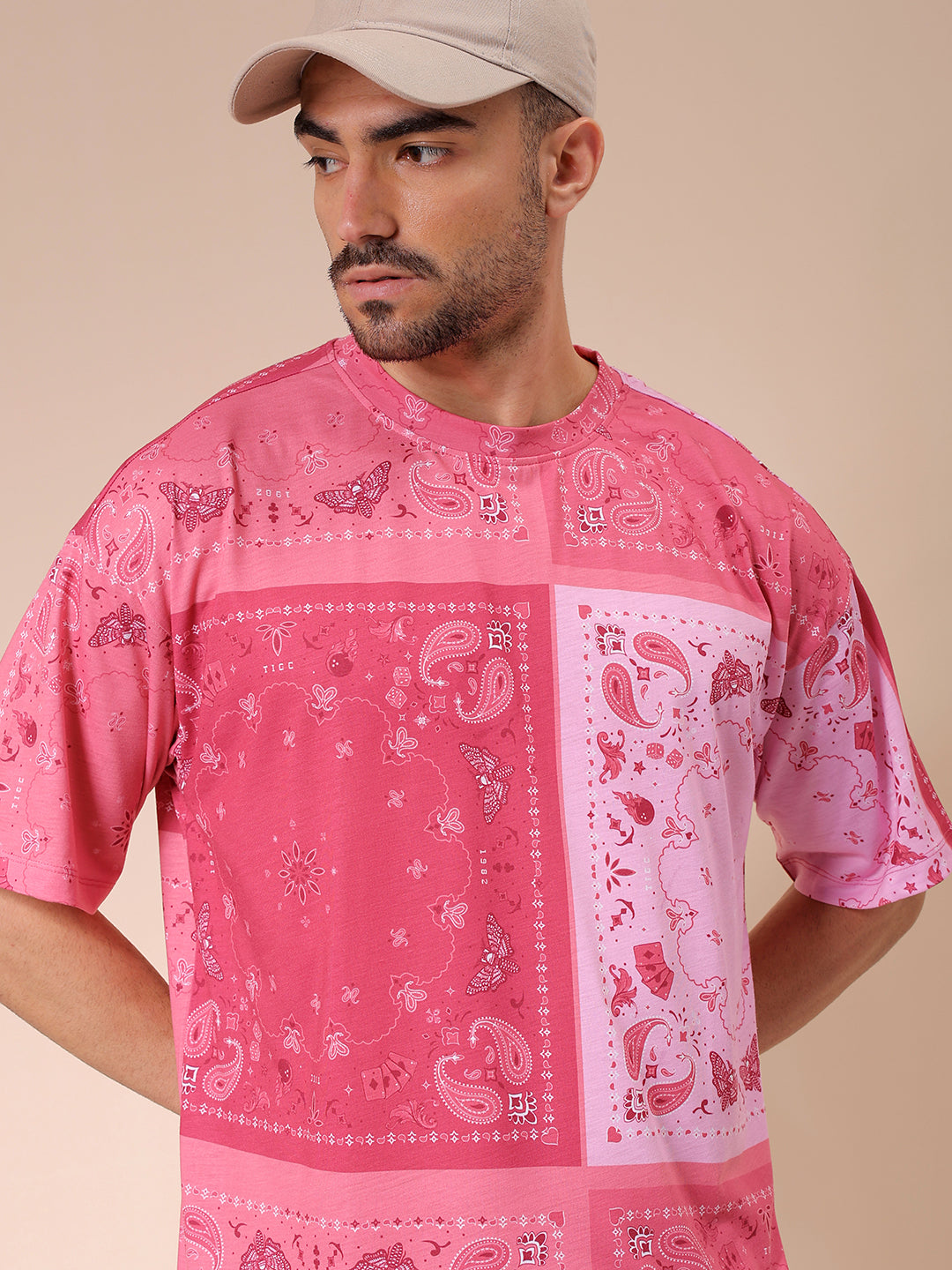 Men's Pink Oversized Paisley Printed T-Shirt