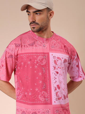 Men's Pink Oversized Paisley Printed Round Neck T-shirt