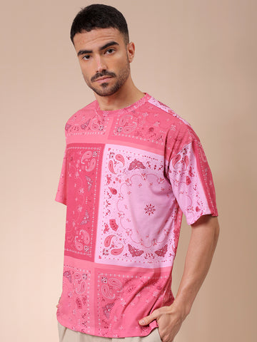Men's Pink Oversized Paisley Printed Round Neck T-shirt
