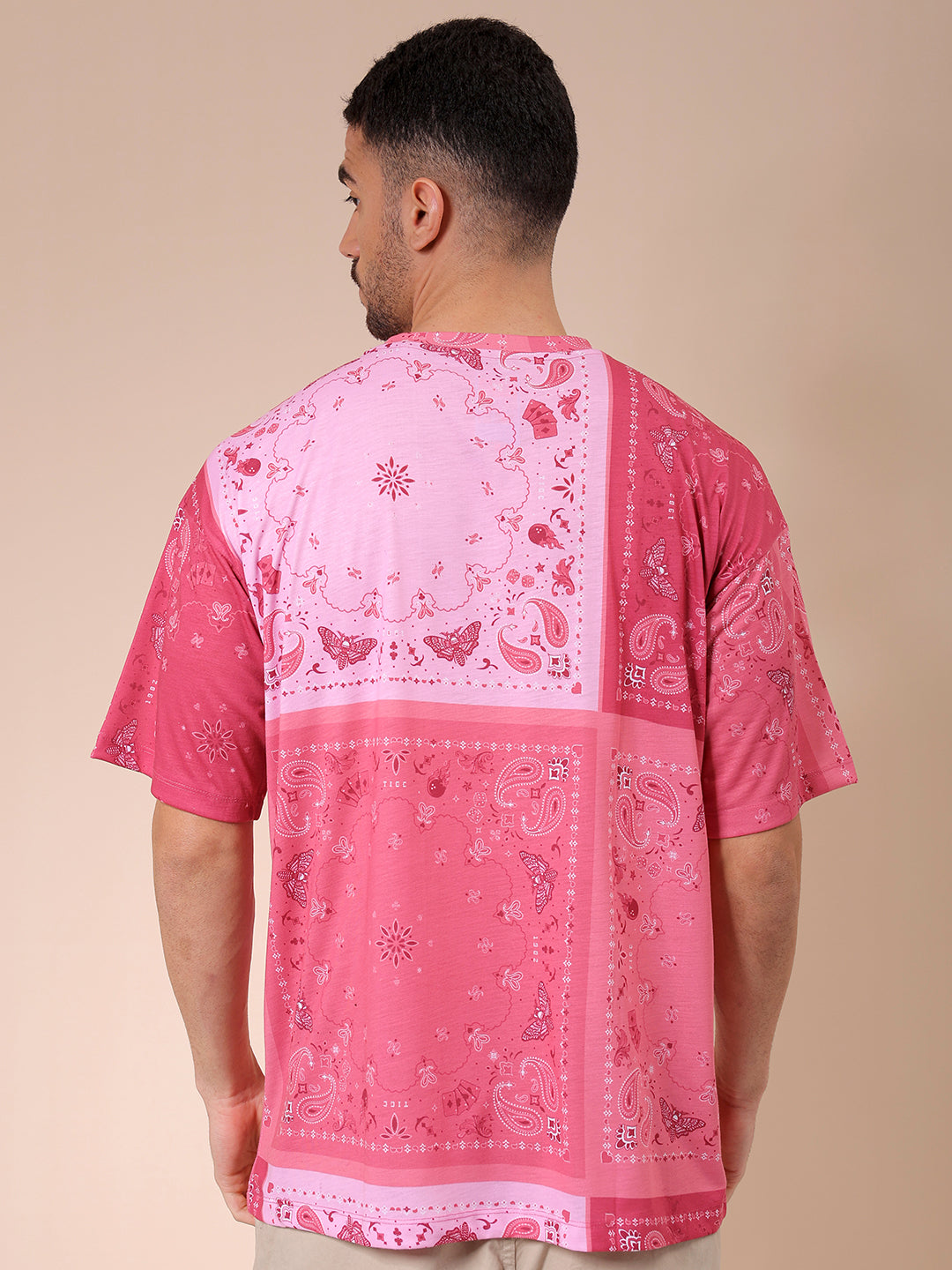 Men's Pink Oversized Paisley Printed T-Shirt