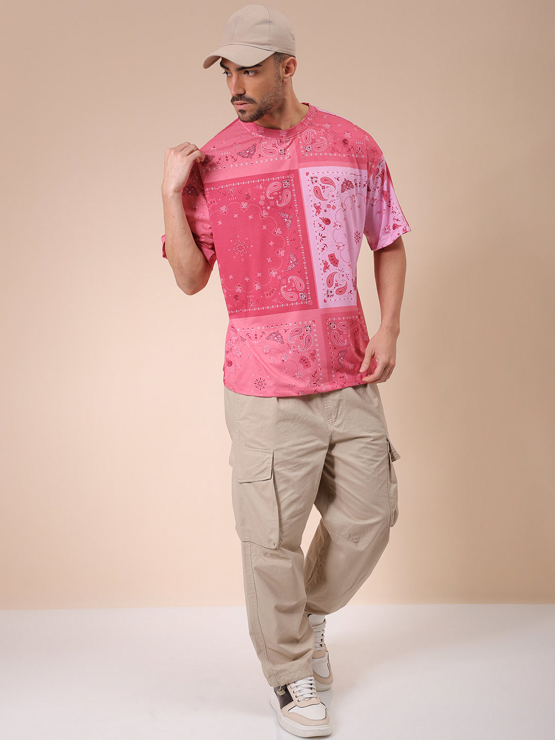 Men's Pink Oversized Paisley Printed T-Shirt