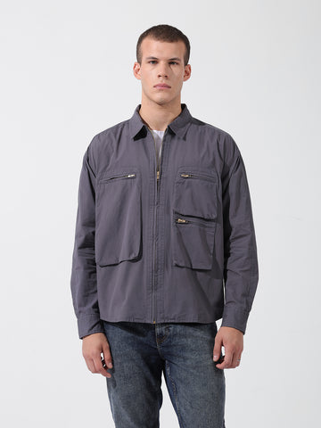 Men's Grey Boxy Fit Solid Korean Street Shirt