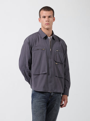 Men's Grey Boxy Fit Solid Korean Street Shirt