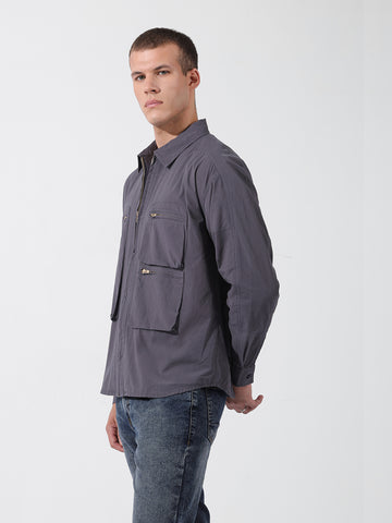 Men's Grey Boxy Fit Solid Korean Street Shirt