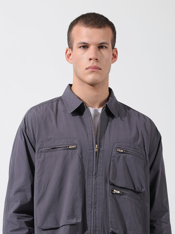 Men's Grey Boxy Fit Solid Korean Street Shirt