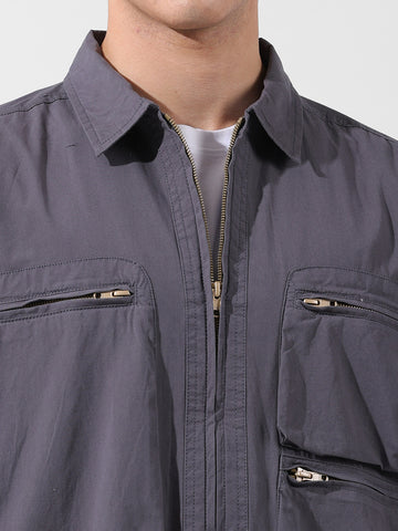 Men's Grey Boxy Fit Solid Korean Street Shirt