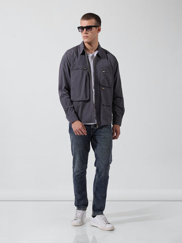 Men's Grey Boxy Fit Solid Korean Street Shirt
