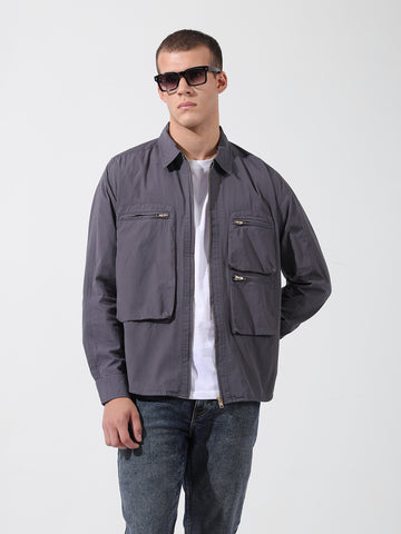Men's Grey Boxy Fit Solid Korean Street Shirt