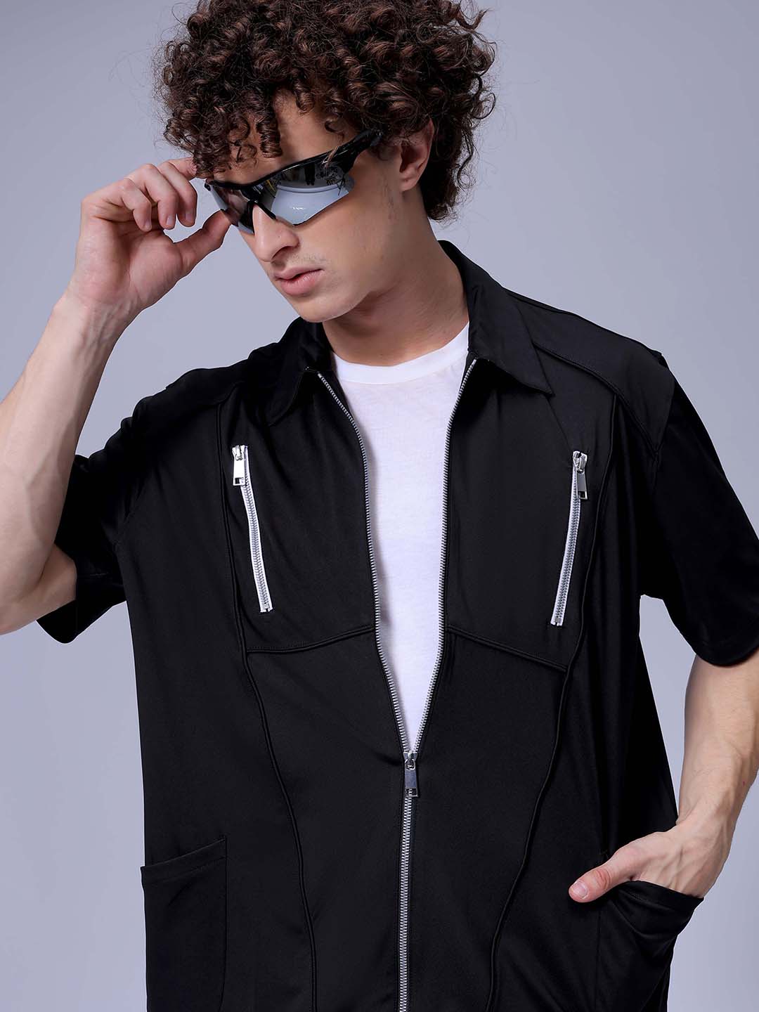 Men's Black Boxy Fit Solid Streetwear Utility Casual Shirt