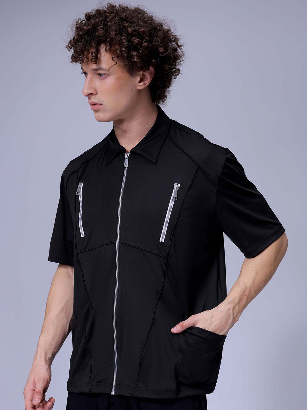 Men's Black Boxy Fit Solid Streetwear Utility Casual Shirt