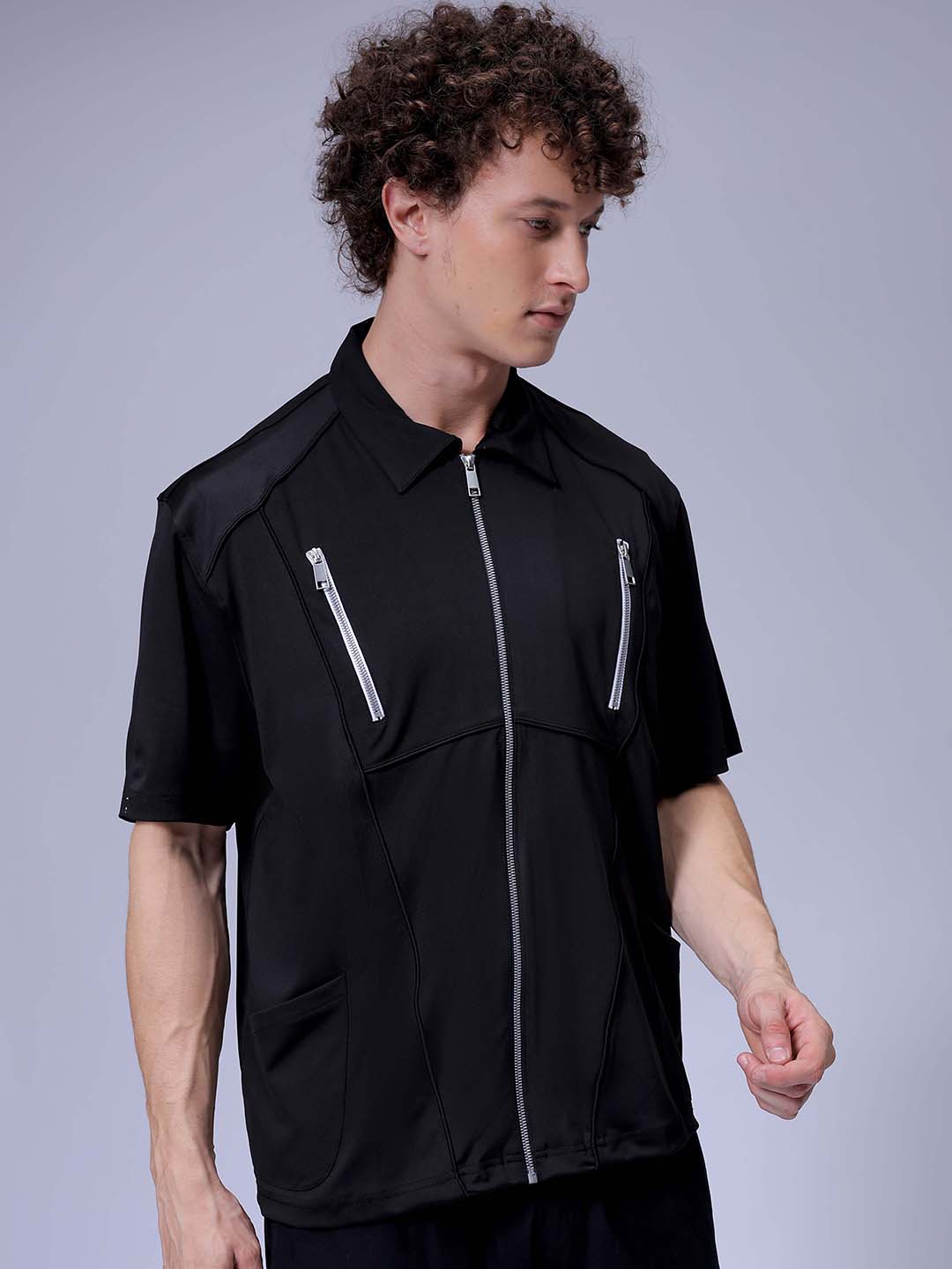 Men's Black Boxy Fit Solid Streetwear Utility Casual Shirt