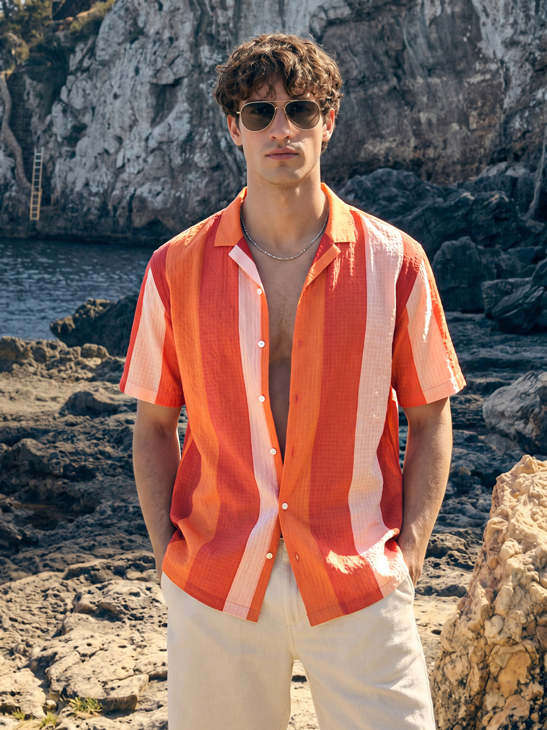 Men's Orange Relaxed Fit Striped Casual Shirt