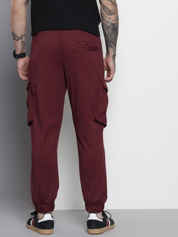 Men's Maroon Relaxed Fit Textured Cargo Joggers