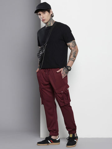 Men's Maroon Relaxed Fit Textured Cargo Joggers