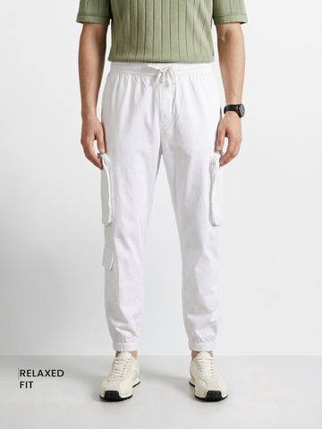 Men's White Relaxed Fit Solid Utility Cargo