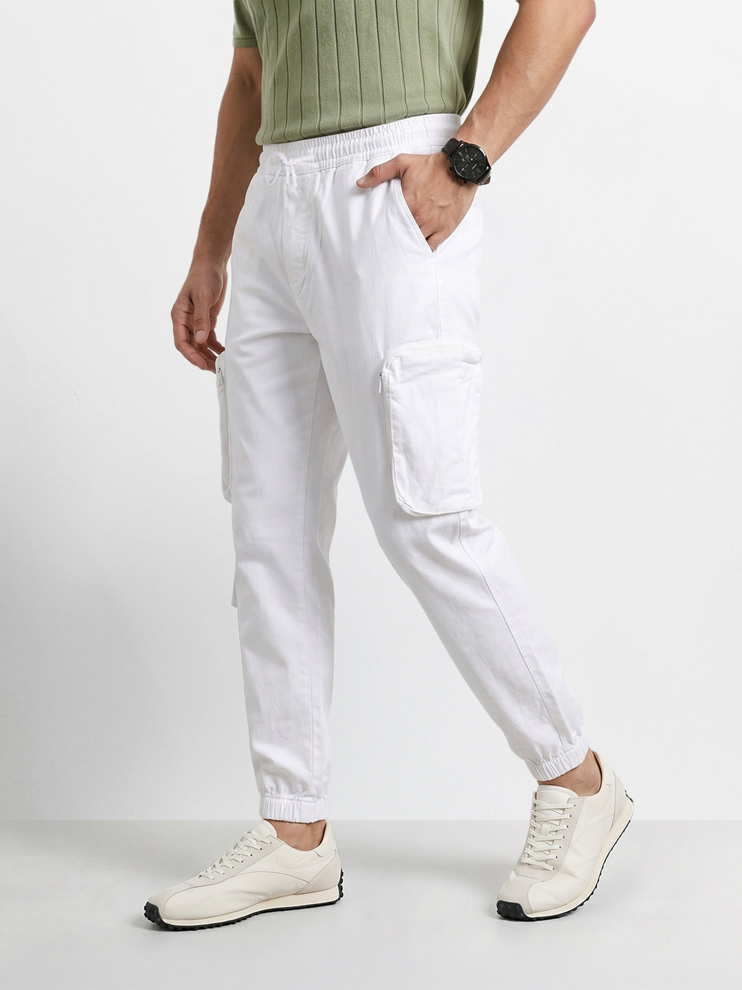 Men's White Relaxed Fit Solid Utility Cargo