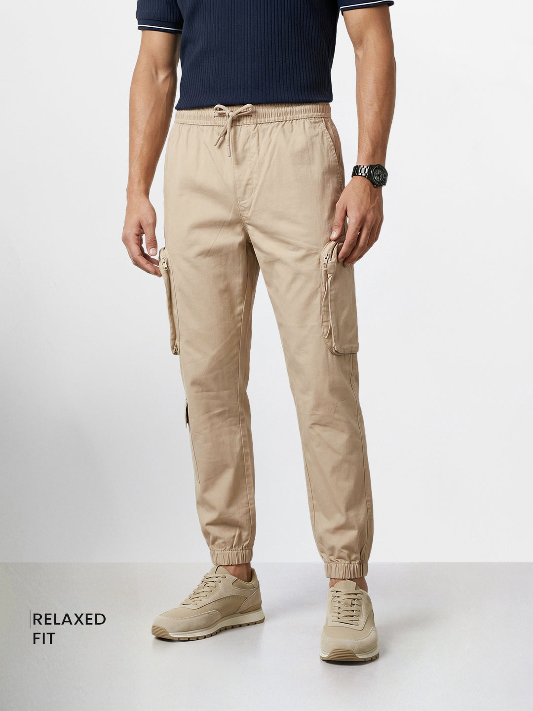 Men's Beige Relaxed Fit Solid Utility Cargo