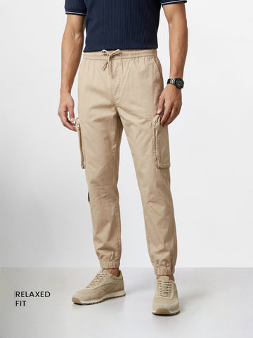 Men's Beige Relaxed Fit Solid Utility Cargo