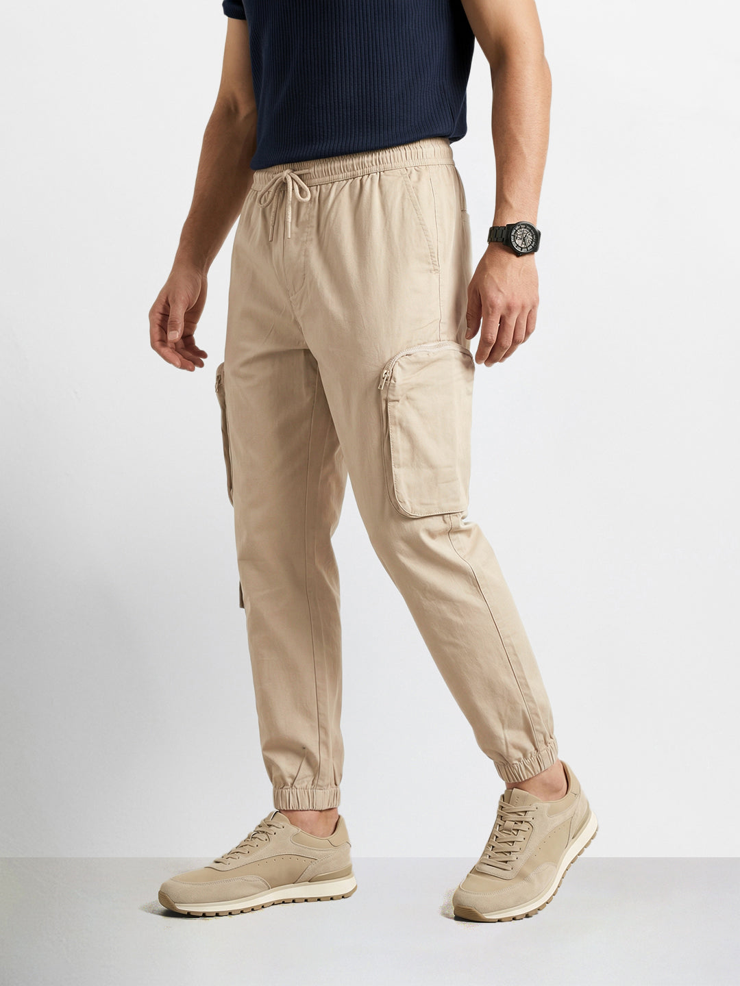 Men's Beige Relaxed Fit Solid Utility Cargo