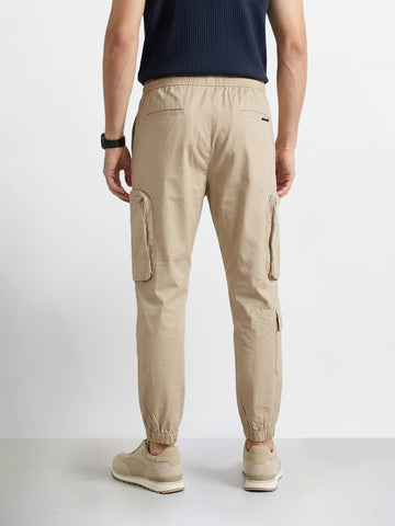 Men's Beige Relaxed Fit Solid Utility Cargo