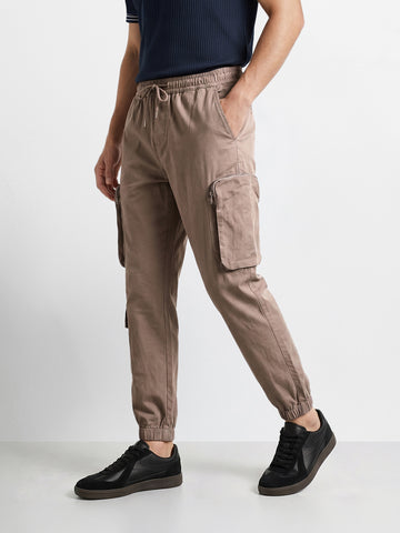 Men's Brown Relaxed Fit Solid Utility Cargo