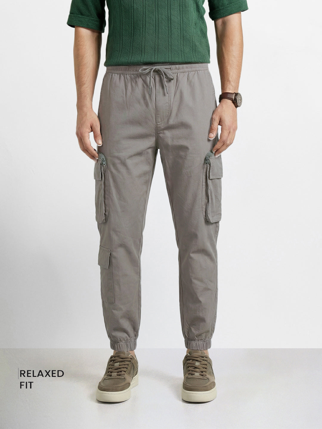 Men's Grey Relaxed Fit Solid Utility Cargo