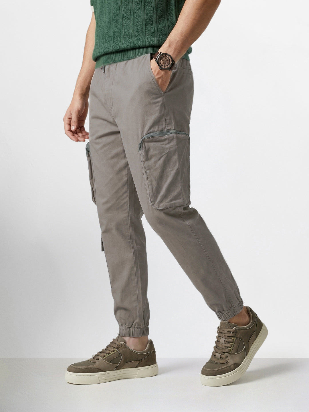 Men's Grey Relaxed Fit Solid Utility Cargo