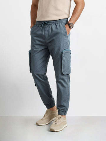 Men's Blue Relaxed Fit Solid Utility Cargo
