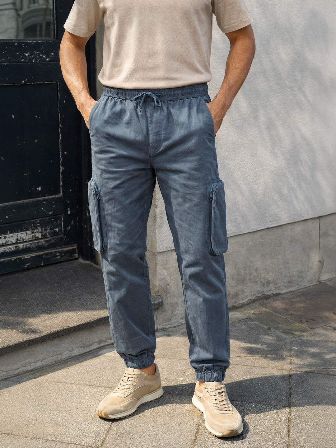 Men's Blue Relaxed Fit Solid Utility Cargo