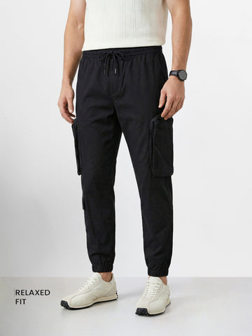 Men's Black Relaxed Fit Solid Utility Cargo
