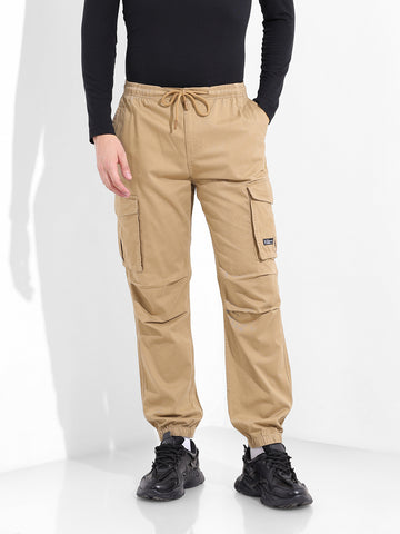 Men's Khaki Relaxed Fit Solid Utility Cargo