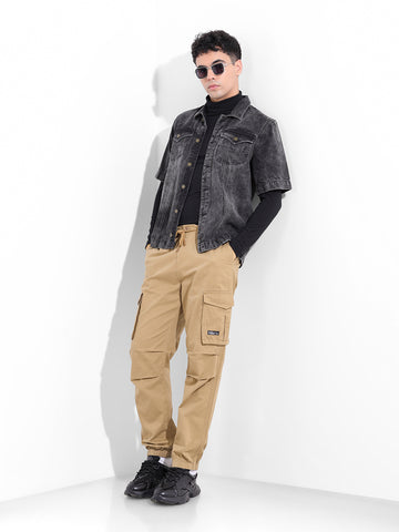Men's Khaki Relaxed Fit Solid Utility Cargo