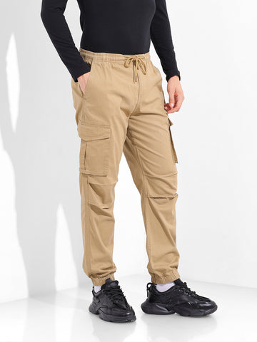 Men's Khaki Relaxed Fit Solid Utility Cargo