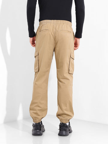 Men's Khaki Relaxed Fit Solid Utility Cargo