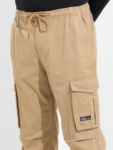 Men's Khaki Relaxed Fit Solid Utility Cargo
