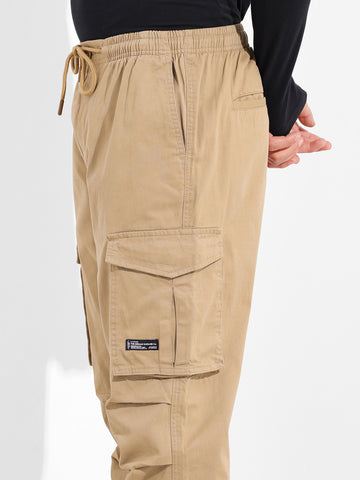Men's Khaki Relaxed Fit Solid Utility Cargo