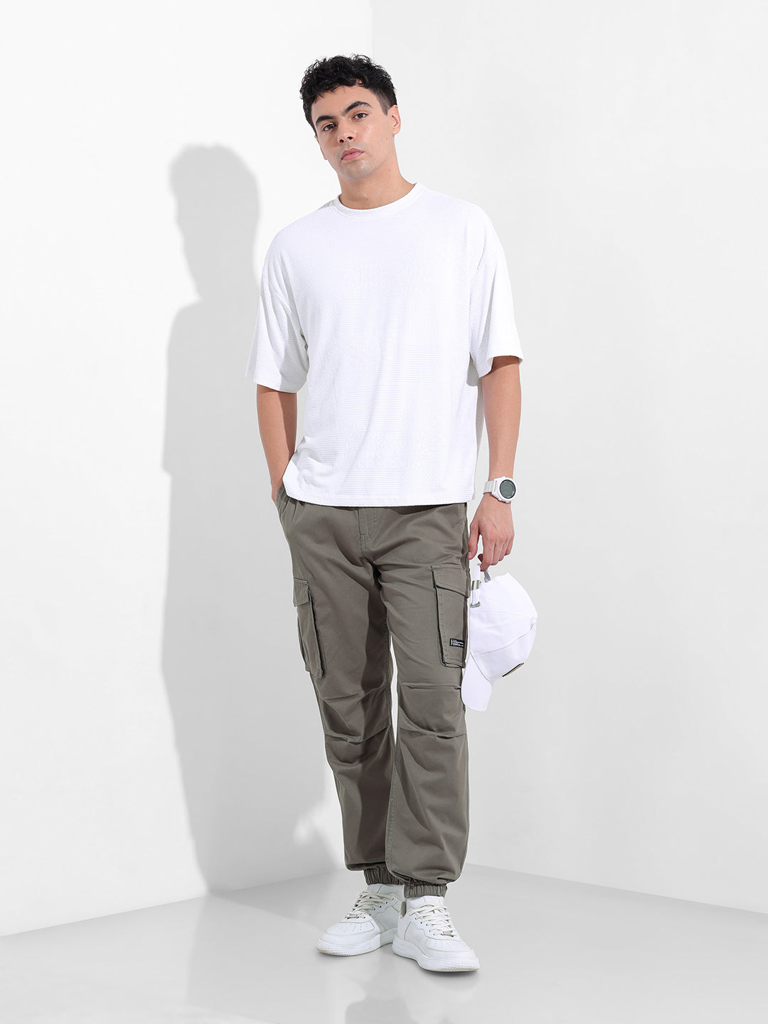 Men's Stone Grey Relaxed Fit Solid Utility Cargo